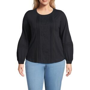 Lands' End Womens Top Sz‎ 2X 20W 22W Jersey Pintuck Embroidery Black Lightweight